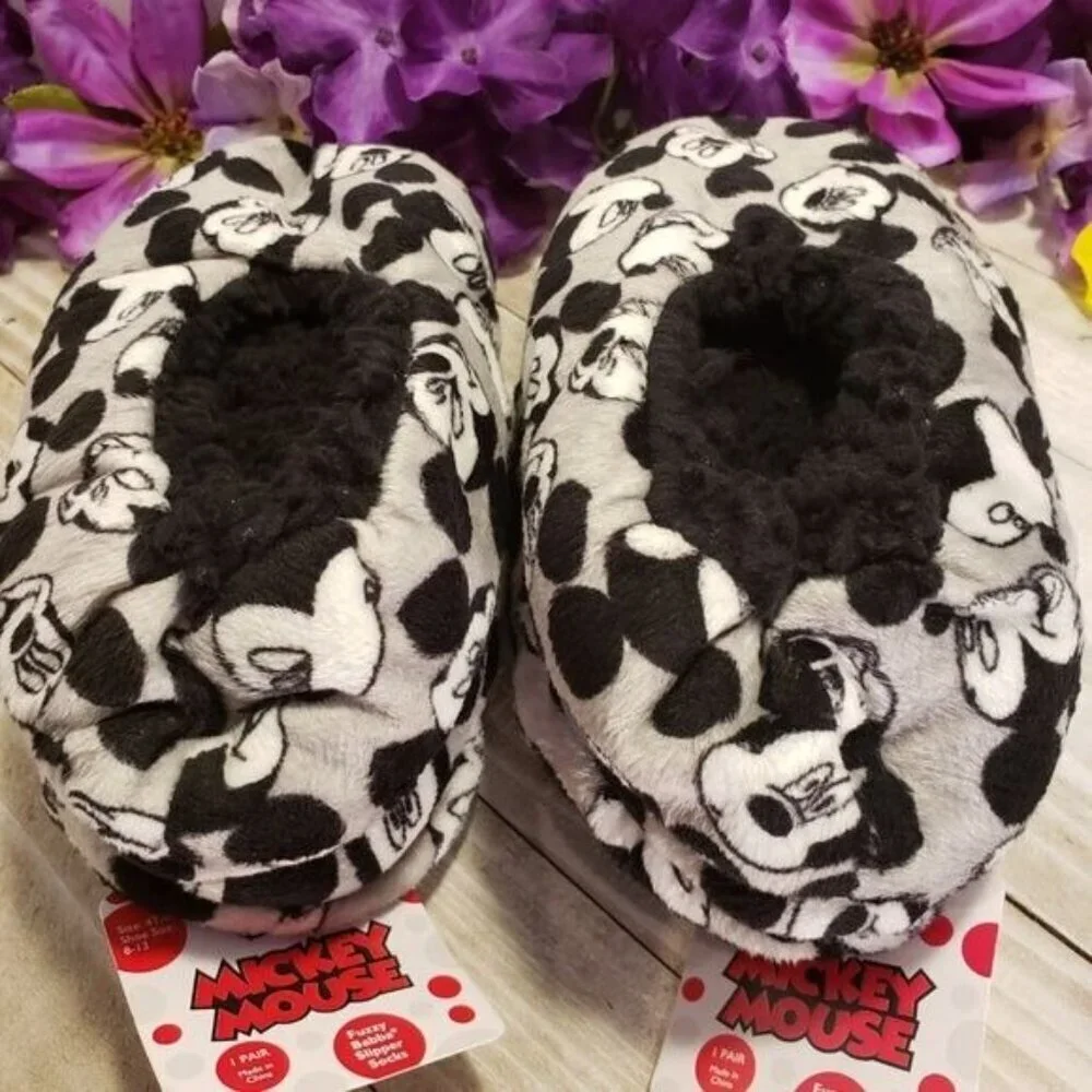 Mickey Mouse Disney Slippers Shoe Fuzzy Plush Kid Babba Foot Wear Grey Black